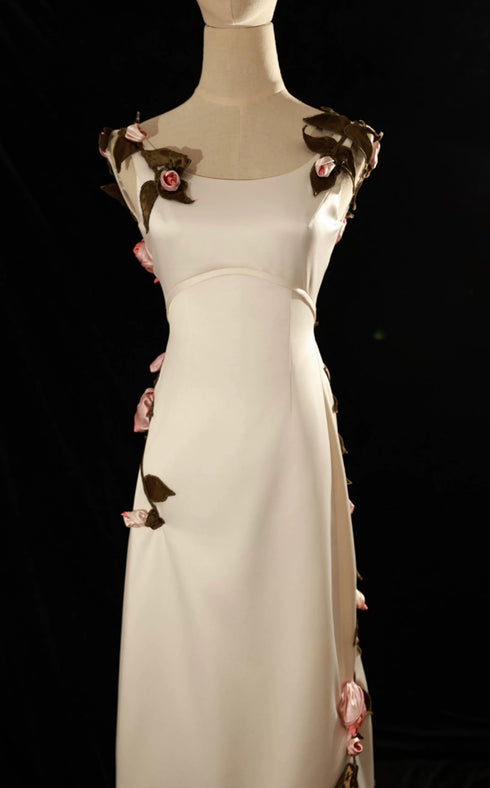 Ivory Floral Embellished Evening Gown - Aline Sleeveless Dress with Pink Floral Accents Plus Size